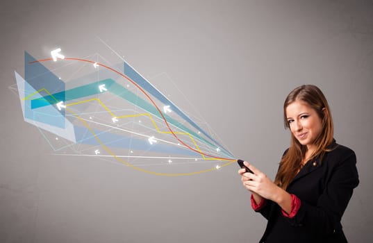 pretty young lady standing and holding a phone with colorful abstract lines and arrows