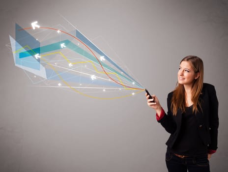 pretty young lady standing and holding a phone with colorful abstract lines and arrows