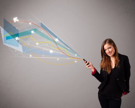 pretty young lady standing and holding a phone with colorful abstract lines and arrows