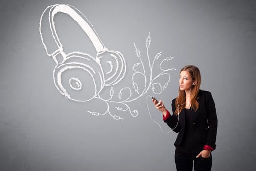 young woman singing and listening to music with abstract headphone getting out of her mouth