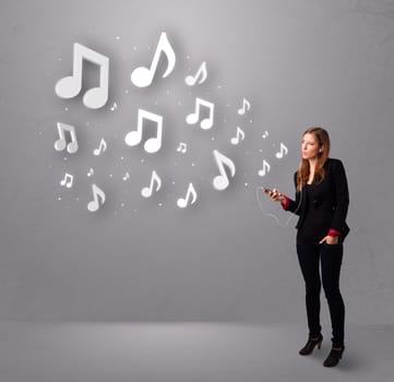 Pretty young woman singing and listening to music with musical notes getting out of her mouth