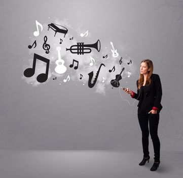 Beautiful young woman singing and listening to music with musical notes and instruments getting out of her mouth