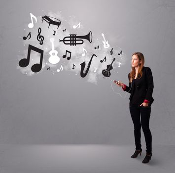 Beautiful young woman singing and listening to music with musical notes and instruments getting out of her mouth