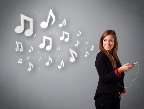 Pretty young woman singing and listening to music with musical notes getting out of her mouth