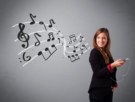 attractive young lady singing and listening to music with musical notes getting out of her mouth