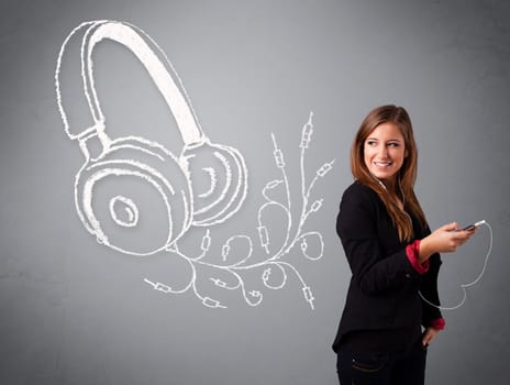 young woman singing and listening to music with abstract headphone getting out of her mouth