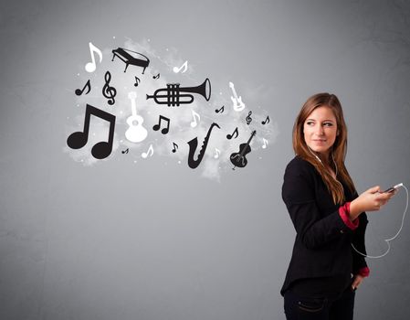 Beautiful young woman singing and listening to music with musical notes and instruments getting out of her mouth