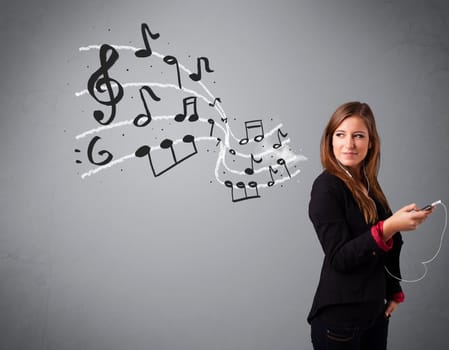 attractive young lady singing and listening to music with musical notes getting out of her mouth