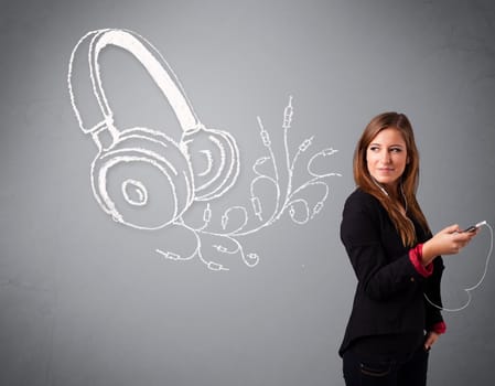 young woman singing and listening to music with abstract headphone getting out of her mouth