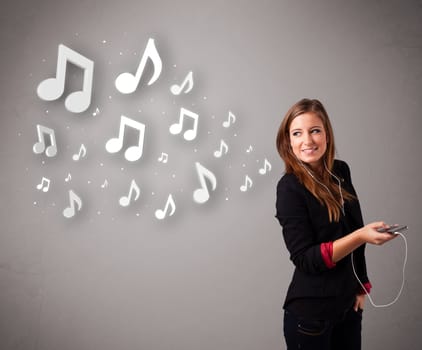 Pretty young woman singing and listening to music with musical notes getting out of her mouth