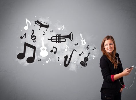 Beautiful young woman singing and listening to music with musical notes and instruments getting out of her mouth