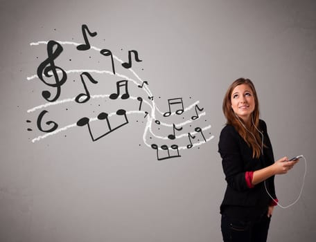 attractive young lady singing and listening to music with musical notes getting out of her mouth