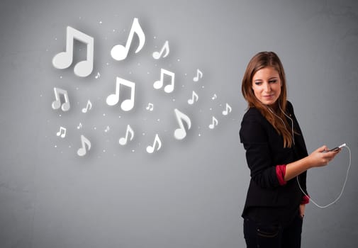 Pretty young woman singing and listening to music with musical notes getting out of her mouth