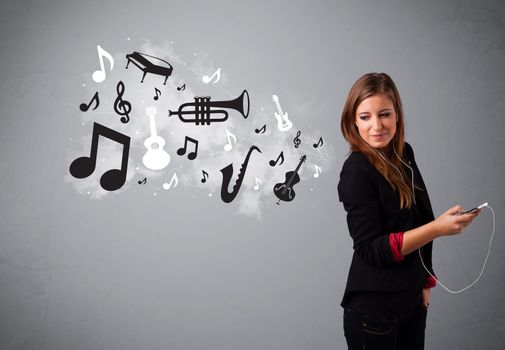 Beautiful young woman singing and listening to music with musical notes and instruments getting out of her mouth