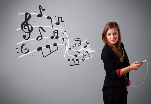 attractive young lady singing and listening to music with musical notes getting out of her mouth