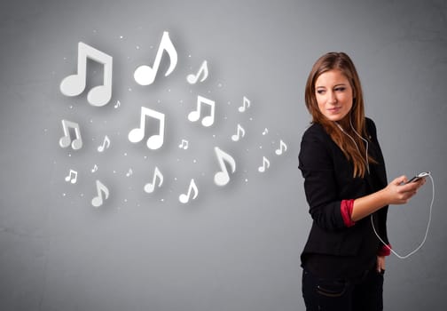 Pretty young woman singing and listening to music with musical notes getting out of her mouth