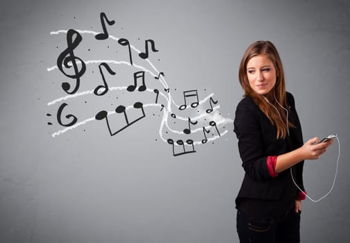 attractive young lady singing and listening to music with musical notes getting out of her mouth