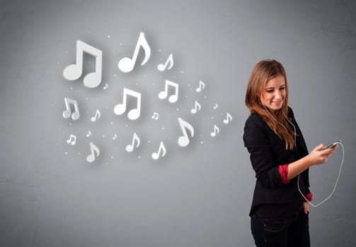 Pretty young woman singing and listening to music with musical notes getting out of her mouth