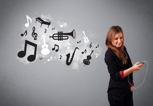 Beautiful young woman singing and listening to music with musical notes and instruments getting out of her mouth