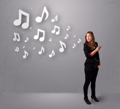 Pretty young woman singing and listening to music with musical notes getting out of her mouth