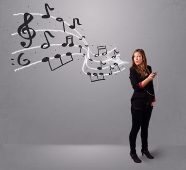 attractive young lady singing and listening to music with musical notes getting out of her mouth