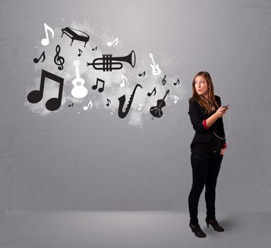 Beautiful young woman singing and listening to music with musical notes and instruments getting out of her mouth