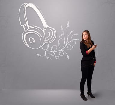 young woman singing and listening to music with abstract headphone getting out of her mouth