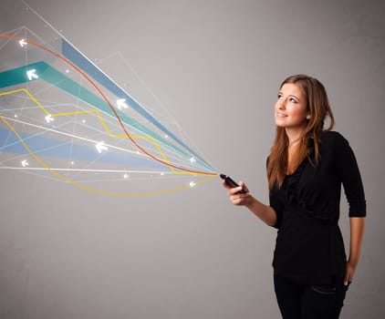 pretty young lady standing and holding a phone with colorful abstract lines and arrows