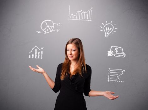 beautiful young woman standin and juggling with statistics and graphs