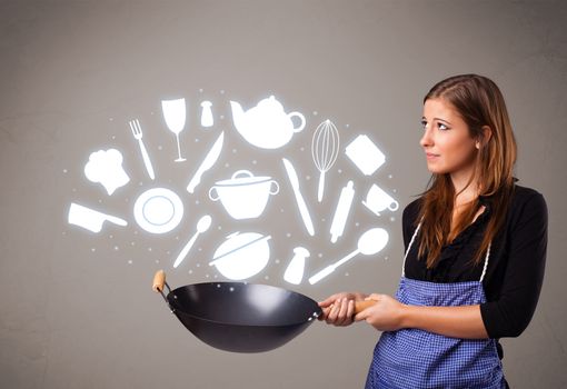 Pretty young lady with kitchen accessories icons