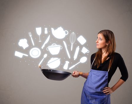 Pretty young lady with kitchen accessories icons