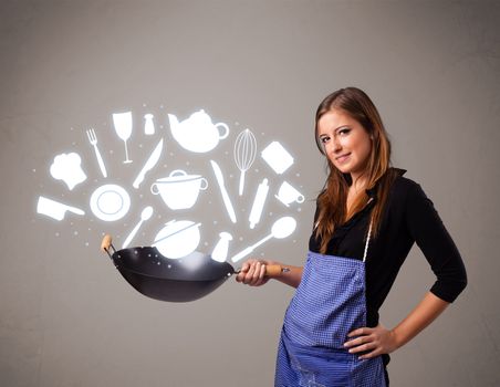 Pretty young lady with kitchen accessories icons