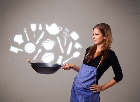 Pretty young lady with kitchen accessories icons