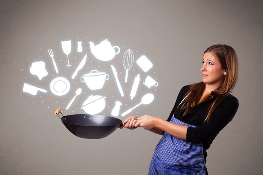 Pretty young lady with kitchen accessories icons