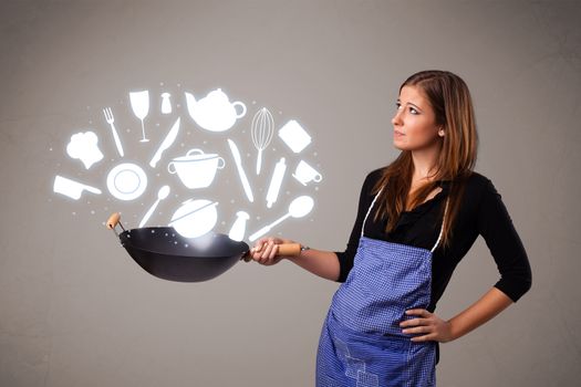 Pretty young lady with kitchen accessories icons