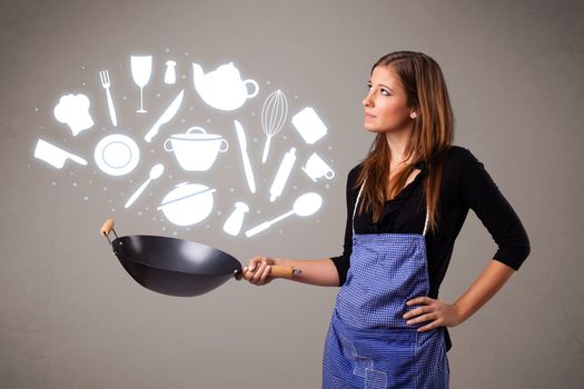 Pretty young lady with kitchen accessories icons