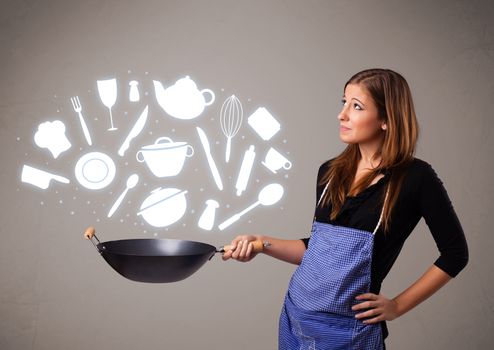 Pretty young lady with kitchen accessories icons