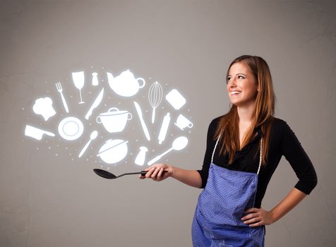 Pretty young lady with kitchen accessories icons