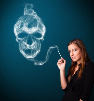 Pretty young woman smoking dangerous cigarette with toxic skull smoke 