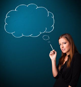 Beautiful young lady smoking cigarette with idea cloud