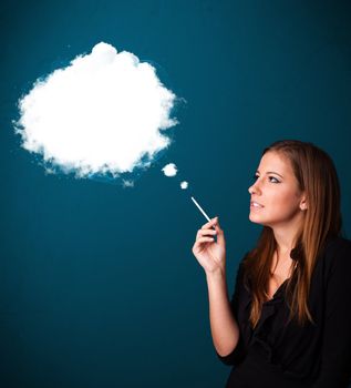 Pretty young woman smoking unhealthy cigarette with dense smoke