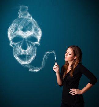 Pretty young woman smoking dangerous cigarette with toxic skull smoke 