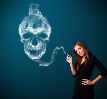 Pretty young woman smoking dangerous cigarette with toxic skull smoke 