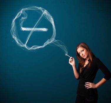 Pretty young lady smoking unheathy cigarette with no smoking sign