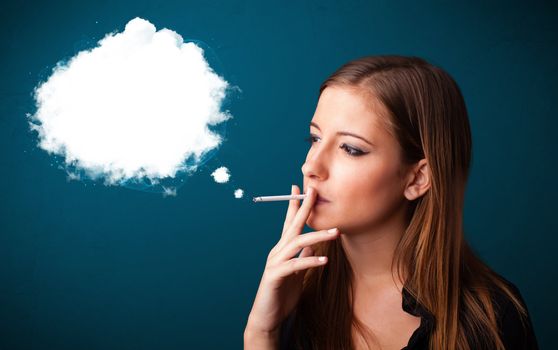 Pretty young woman smoking unhealthy cigarette with dense smoke