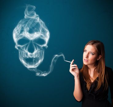 Pretty young woman smoking dangerous cigarette with toxic skull smoke 