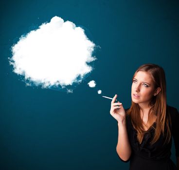 Pretty young woman smoking unhealthy cigarette with dense smoke