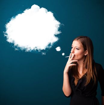 Pretty young woman smoking unhealthy cigarette with dense smoke