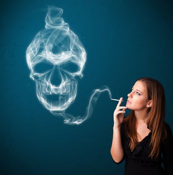 Pretty young woman smoking dangerous cigarette with toxic skull smoke 