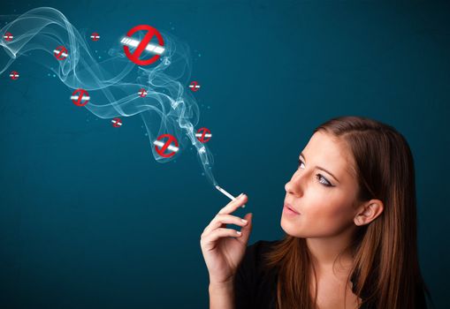 Beautiful young woman smoking dangerous cigarette with no smoking signs